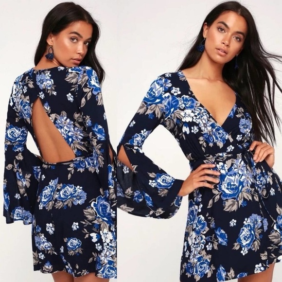 Lulus Once and Floral Navy Blue Floral Print Bell Sleeve Wrap Dress - Picture 7 of 7